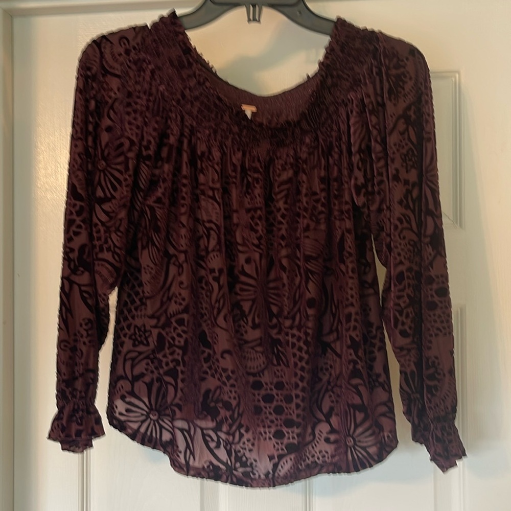 Free People - deep maroon with velvet embossed floral - peasant style - XS